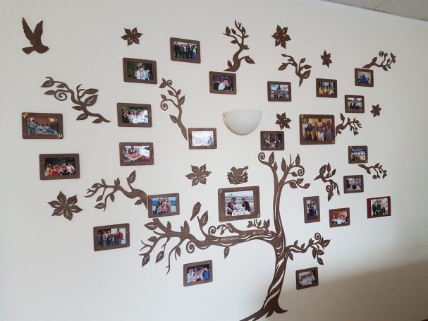 Wanddekoration mit einem Baum und mehreren Bilderrahmen in verschiedenen Größen.